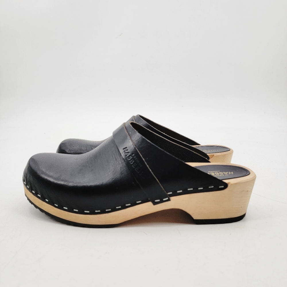 Swedish Hasbeens Black Husband Clogs Size 40 Wooden Platform Low Heel Minimalist